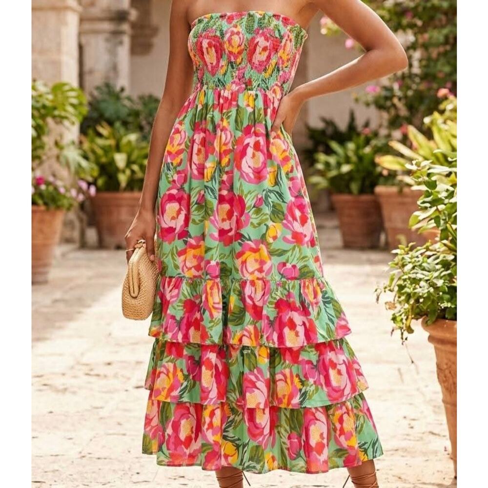 Abel The Label Tiered Midi Dress Floral Women Medium Smocked Strapless Beachy